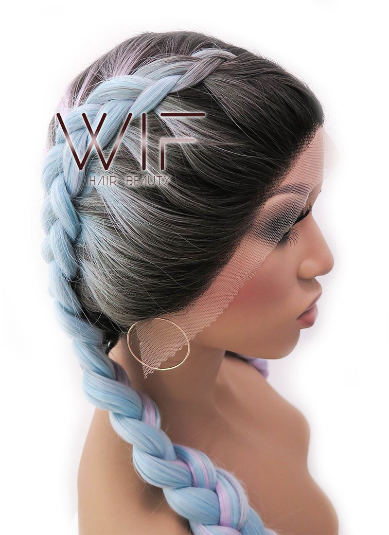 28" Long Black Light Blue Light Purple Ombre Braided Lace Front Synthetic Hair Wig LFB2004