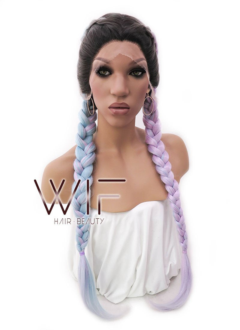 28" Long Black Light Blue Light Purple Ombre Braided Lace Front Synthetic Hair Wig LFB2004