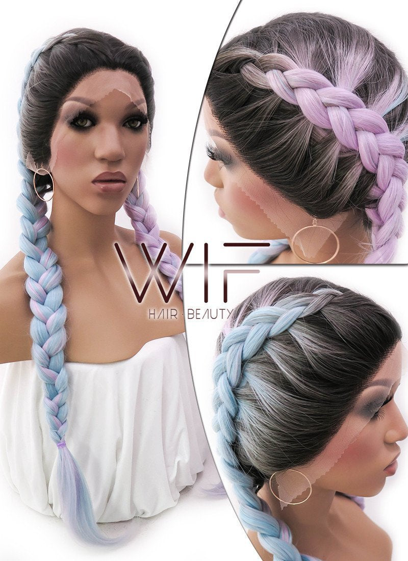 28" Blue Purple Split Color With Dark Roots Dutch Braid Lace Front Synthetic Wig LFB2004