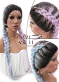 28" Blue Purple Split Color With Dark Roots Dutch Braid Lace Front Synthetic Wig LFB2004
