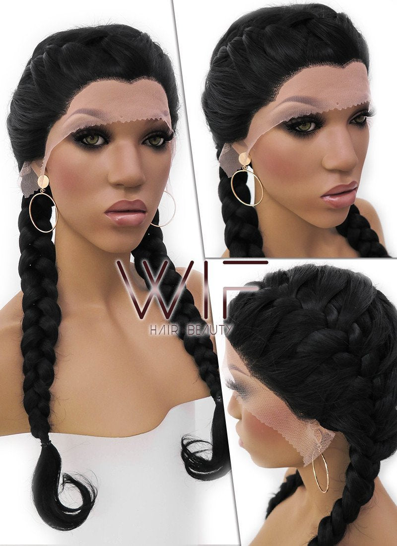 24" Black French Braid Lace Front Synthetic Wig LFB2006