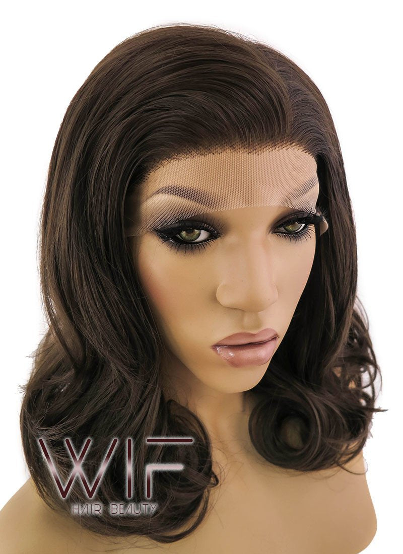 16" Medium Curly Brown Lace Front Synthetic Hair Wig LFB256