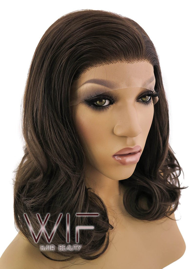 16" Medium Curly Brown Lace Front Synthetic Hair Wig LFB256