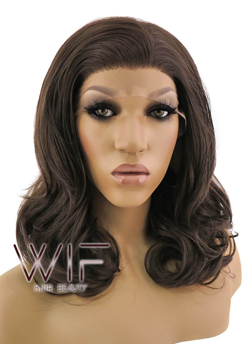 16" Medium Curly Brown Lace Front Synthetic Hair Wig LFB256