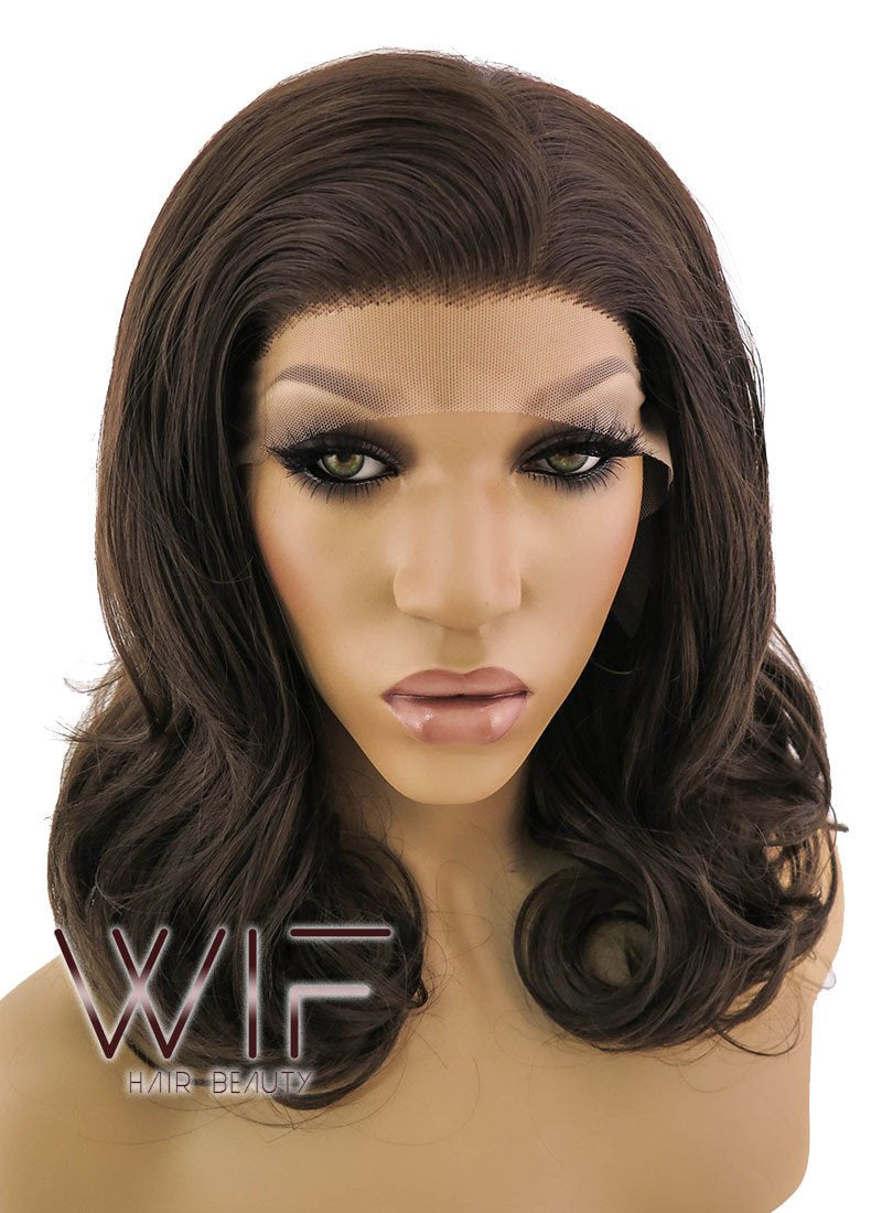 16" Medium Curly Brown Lace Front Synthetic Hair Wig LFB256