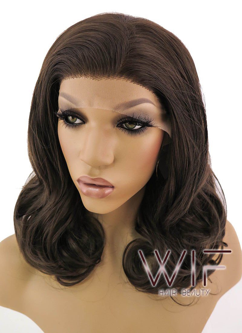 16" Medium Curly Brown Lace Front Synthetic Hair Wig LFB256