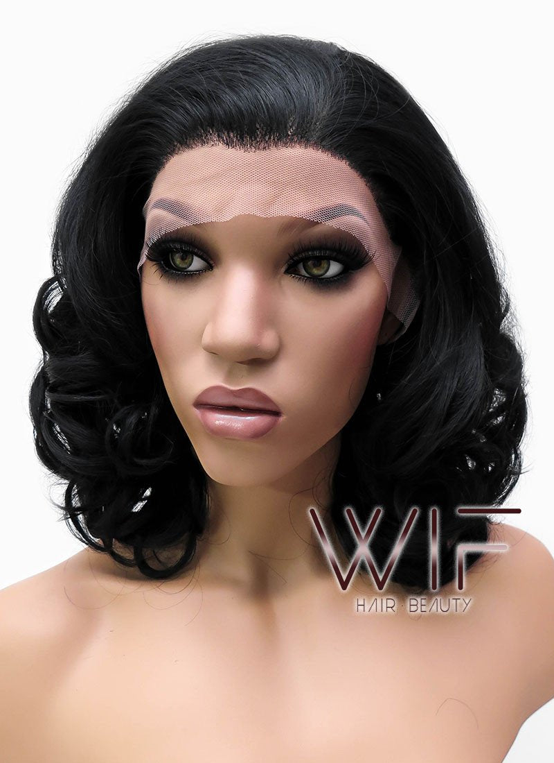 16" Medium Curly Jet Black Lace Front Synthetic Hair Wig LFB257
