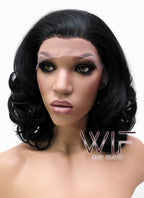 16" Medium Curly Jet Black Lace Front Synthetic Hair Wig LFB257