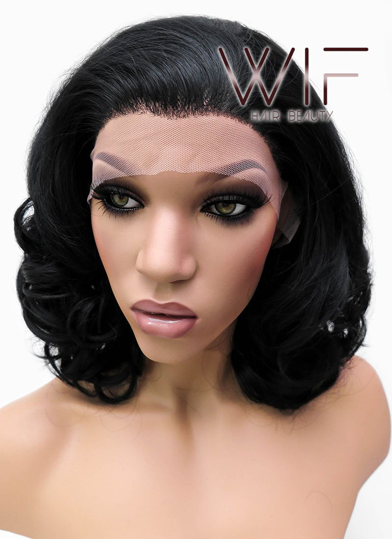 16" Medium Curly Jet Black Lace Front Synthetic Hair Wig LFB257
