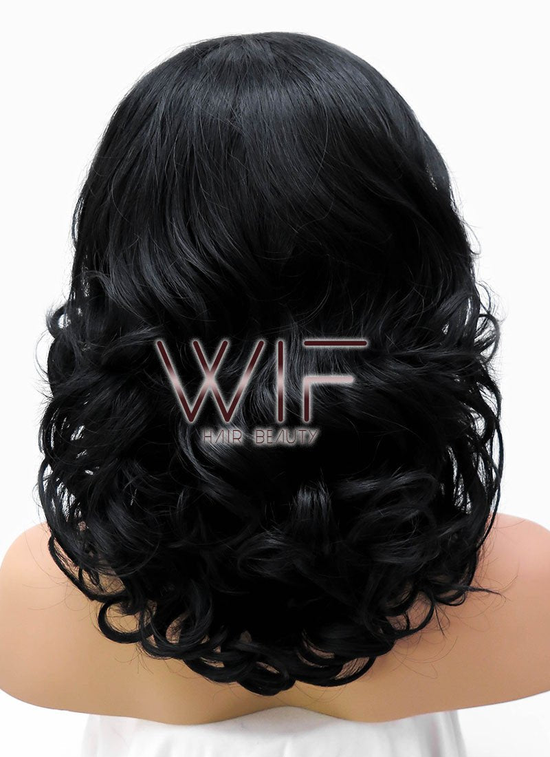 16" Medium Curly Jet Black Lace Front Synthetic Hair Wig LFB257