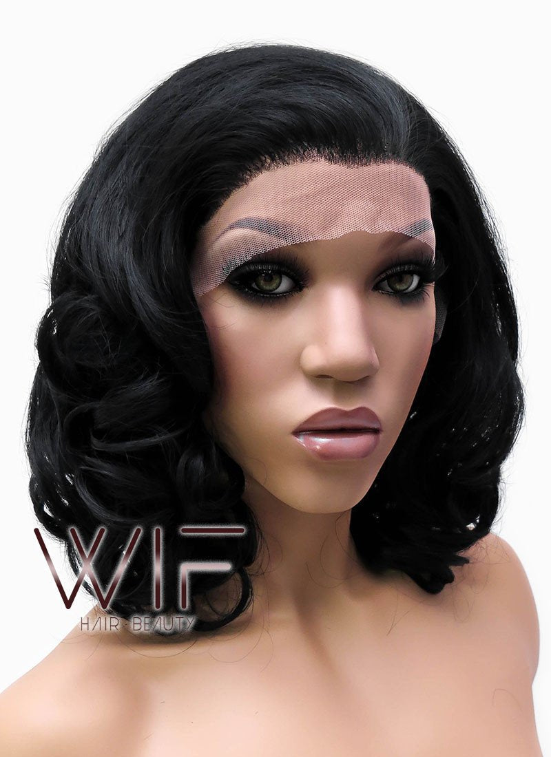 16" Medium Curly Jet Black Lace Front Synthetic Hair Wig LFB257