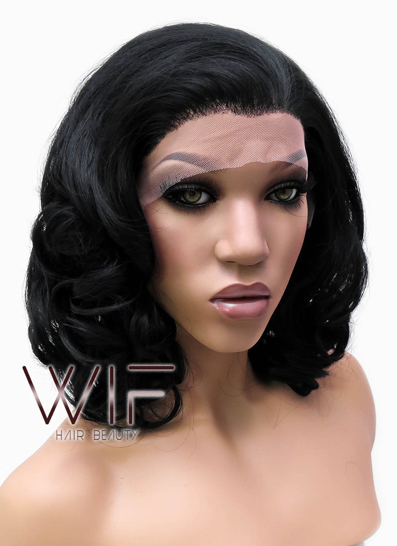 16" Medium Curly Jet Black Lace Front Synthetic Hair Wig LFB257