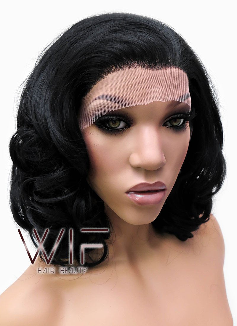 16" Medium Curly Jet Black Lace Front Synthetic Hair Wig LFB257