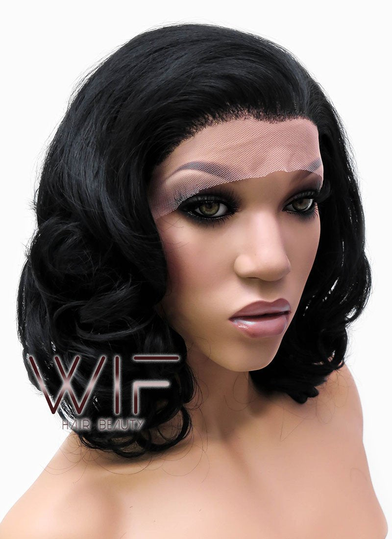 16" Medium Curly Jet Black Lace Front Synthetic Hair Wig LFB257