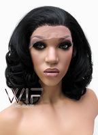 16" Medium Curly Jet Black Lace Front Synthetic Hair Wig LFB257