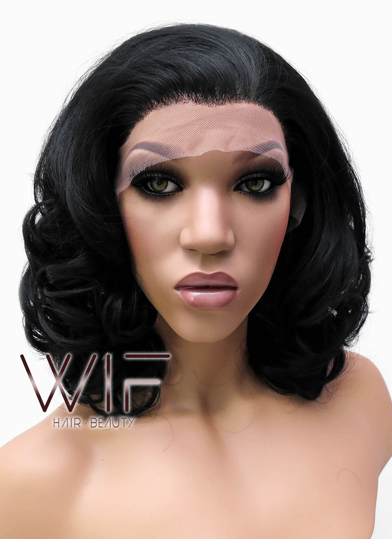 16" Medium Curly Jet Black Lace Front Synthetic Hair Wig LFB257