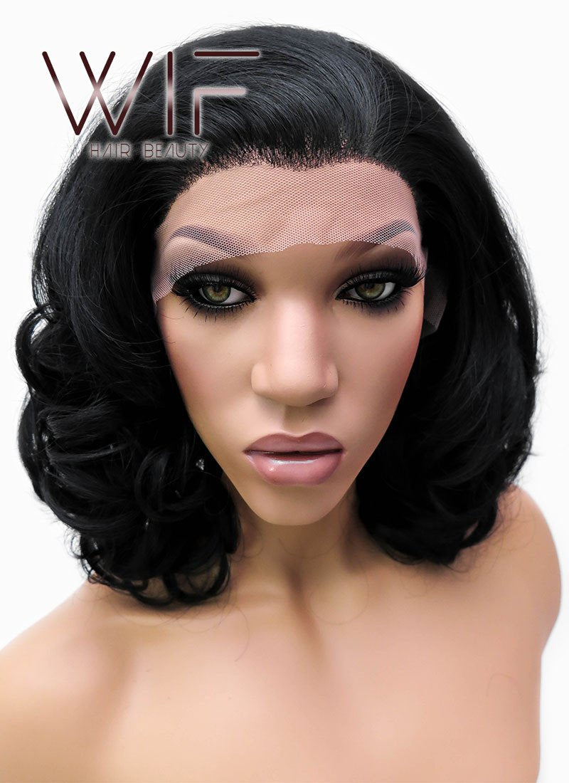 16" Medium Curly Jet Black Lace Front Synthetic Hair Wig LFB257