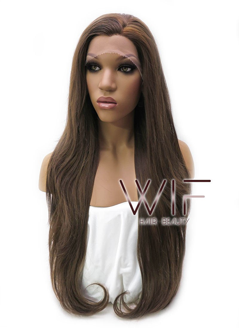 26" Long Curly Medium Brown with Golden Brown Lace Front Synthetic Hair Wig LFB321