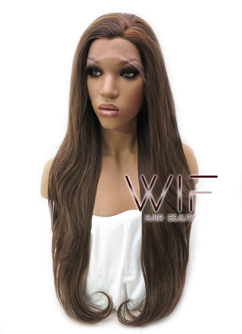 26" Long Curly Medium Brown with Golden Brown Lace Front Synthetic Hair Wig LFB321