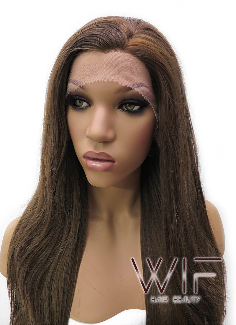 26" Long Curly Medium Brown with Golden Brown Lace Front Synthetic Hair Wig LFB321
