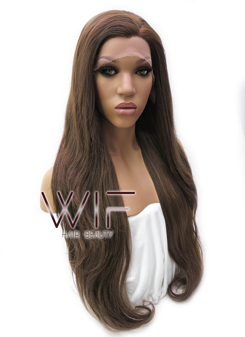 26" Long Curly Medium Brown with Golden Brown Lace Front Synthetic Hair Wig LFB321