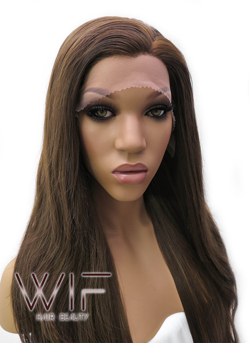 26" Long Curly Medium Brown with Golden Brown Lace Front Synthetic Hair Wig LFB321