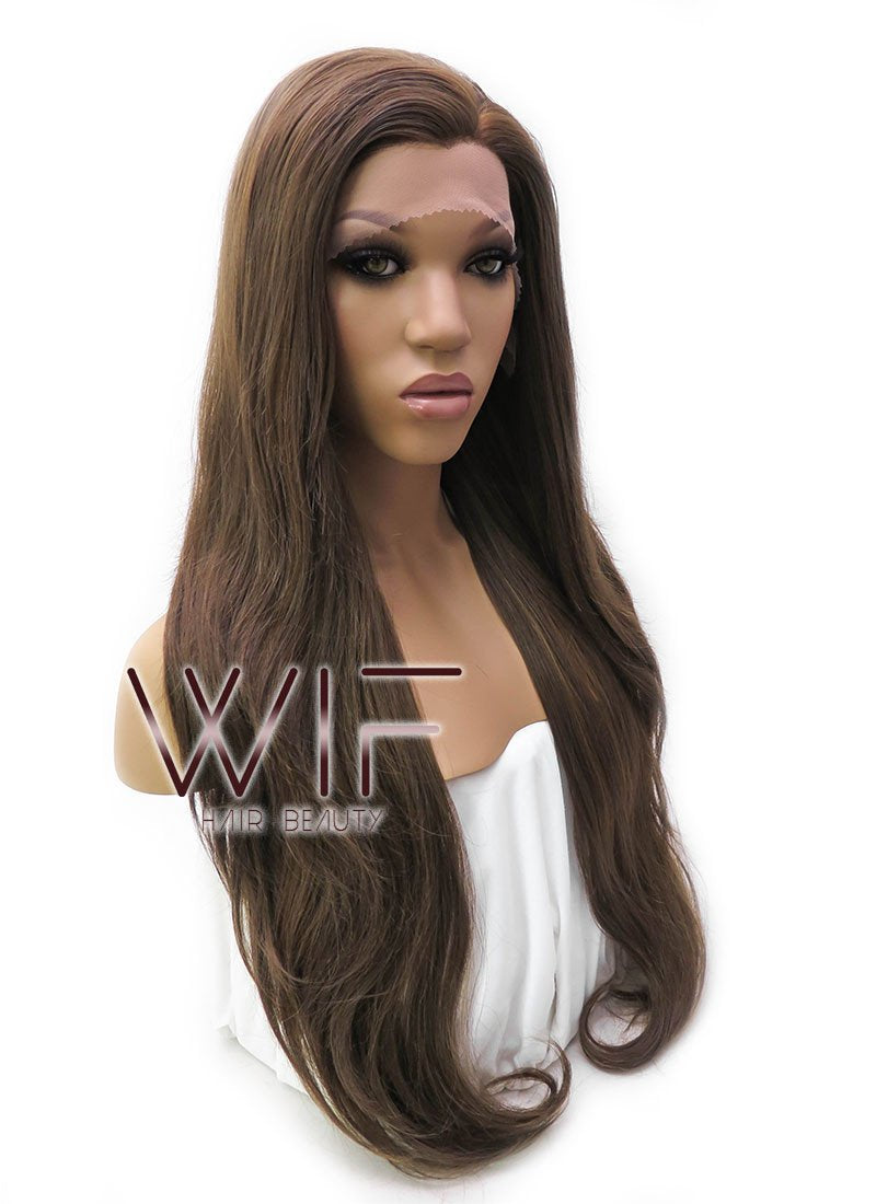 26" Long Curly Medium Brown with Golden Brown Lace Front Synthetic Hair Wig LFB321