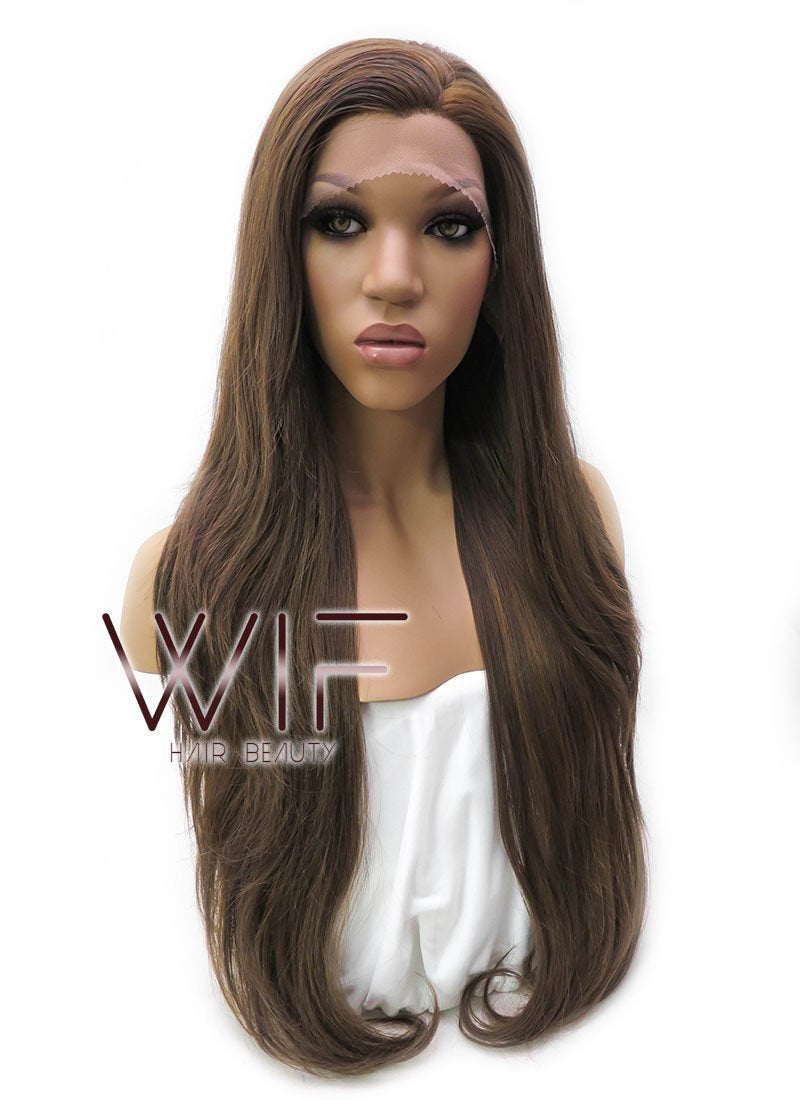 26" Long Curly Medium Brown with Golden Brown Lace Front Synthetic Hair Wig LFB321