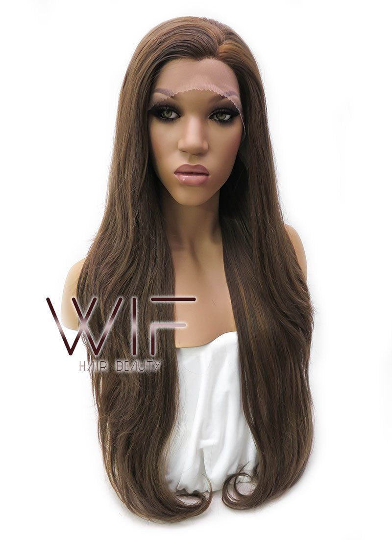 26" Long Curly Medium Brown with Golden Brown Lace Front Synthetic Hair Wig LFB321