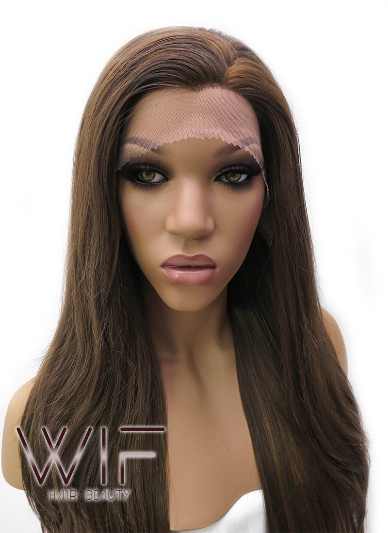 26" Long Curly Medium Brown with Golden Brown Lace Front Synthetic Hair Wig LFB321