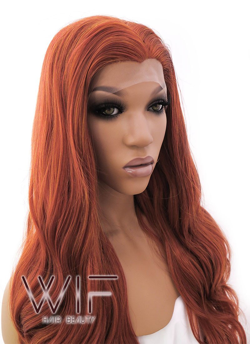 24" Long Curly Mixed Reddish Brown Lace Front Synthetic Hair Wig LFB362