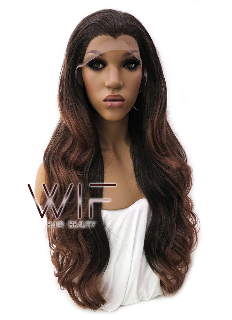 26" Long Curly 2 Tone Brown Lace Front Synthetic Fashion Wig LFB365