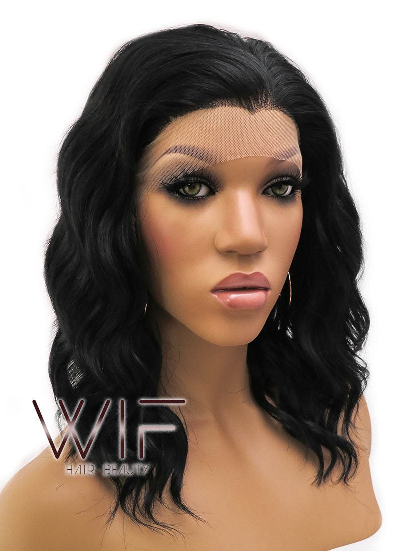 14" Medium Curly Black Lace Front Synthetic Hair Wig LFB406