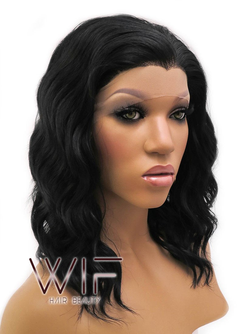 14" Medium Curly Black Lace Front Synthetic Hair Wig LFB406