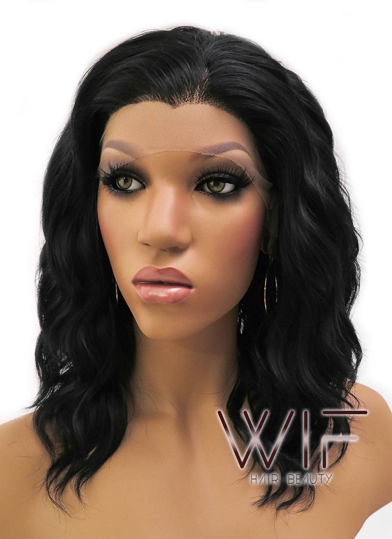 14" Medium Curly Black Lace Front Synthetic Hair Wig LFB406