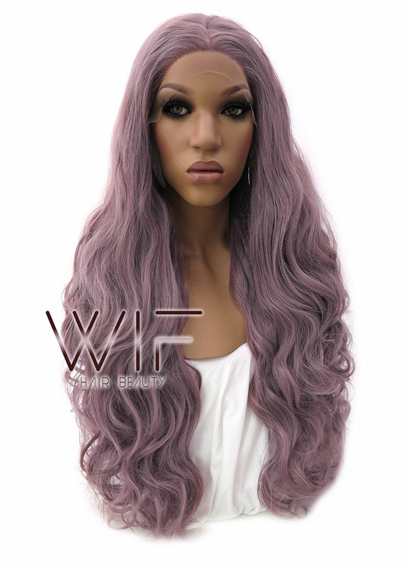 28" Long Curly Ash Purple Lace Front Wig Heat Resistant LFB696H