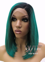 14" Medium Straight Black Mixed Dark Green Lace Front Synthetic Hair Wig LFB819