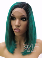 14" Medium Straight Black Mixed Dark Green Lace Front Synthetic Hair Wig LFB819