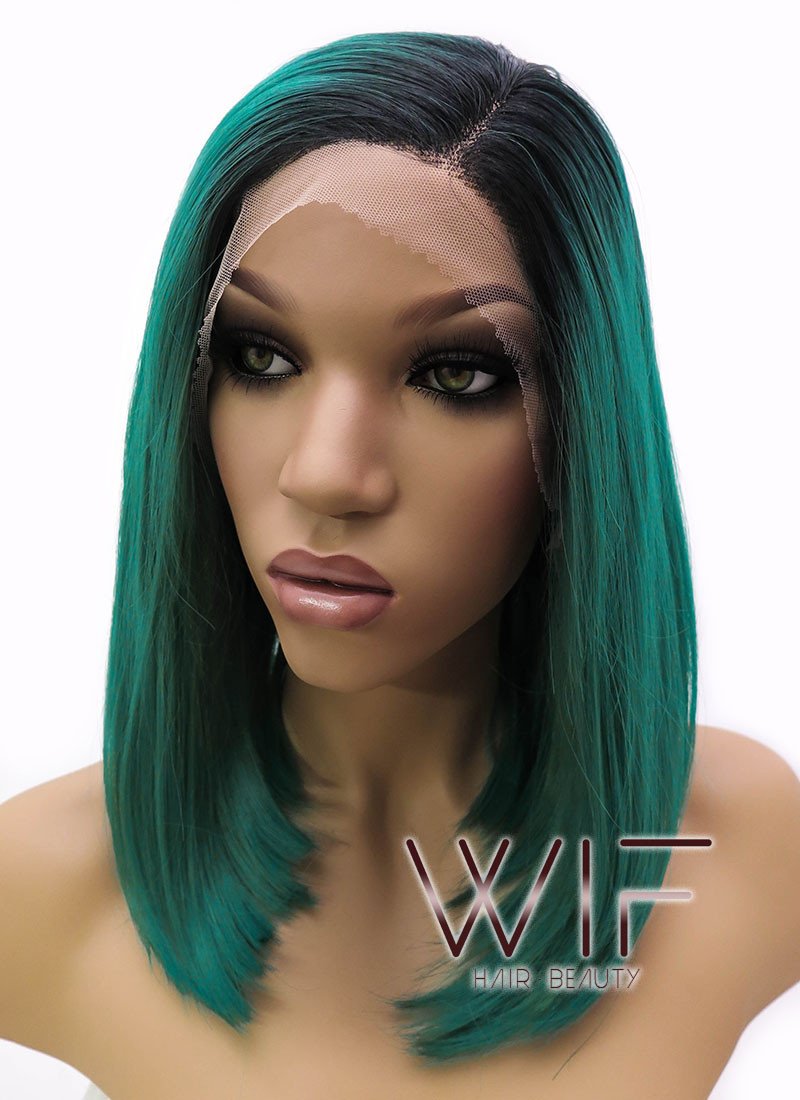 14" Medium Straight Black Mixed Dark Green Lace Front Synthetic Hair Wig LFB819