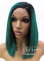 14" Medium Straight Black Mixed Dark Green Lace Front Synthetic Hair Wig LFB819