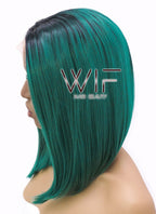 14" Medium Straight Black Mixed Dark Green Lace Front Synthetic Hair Wig LFB819