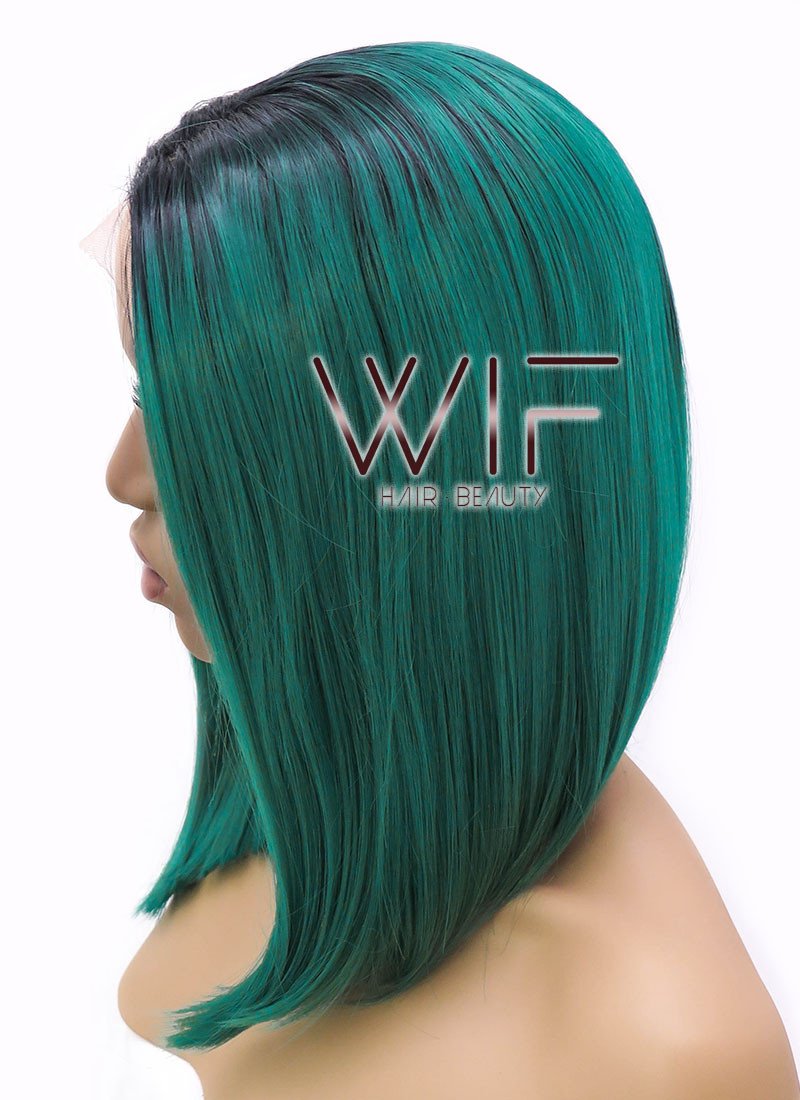 14" Medium Straight Black Mixed Dark Green Lace Front Synthetic Hair Wig LFB819