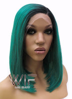 14" Medium Straight Black Mixed Dark Green Lace Front Synthetic Hair Wig LFB819