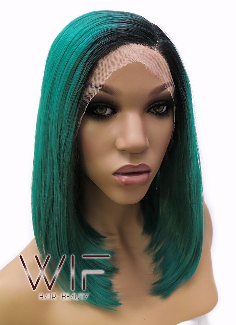 14" Medium Straight Black Mixed Dark Green Lace Front Synthetic Hair Wig LFB819
