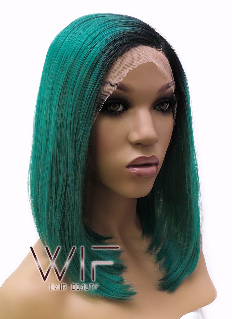 14" Medium Straight Black Mixed Dark Green Lace Front Synthetic Hair Wig LFB819