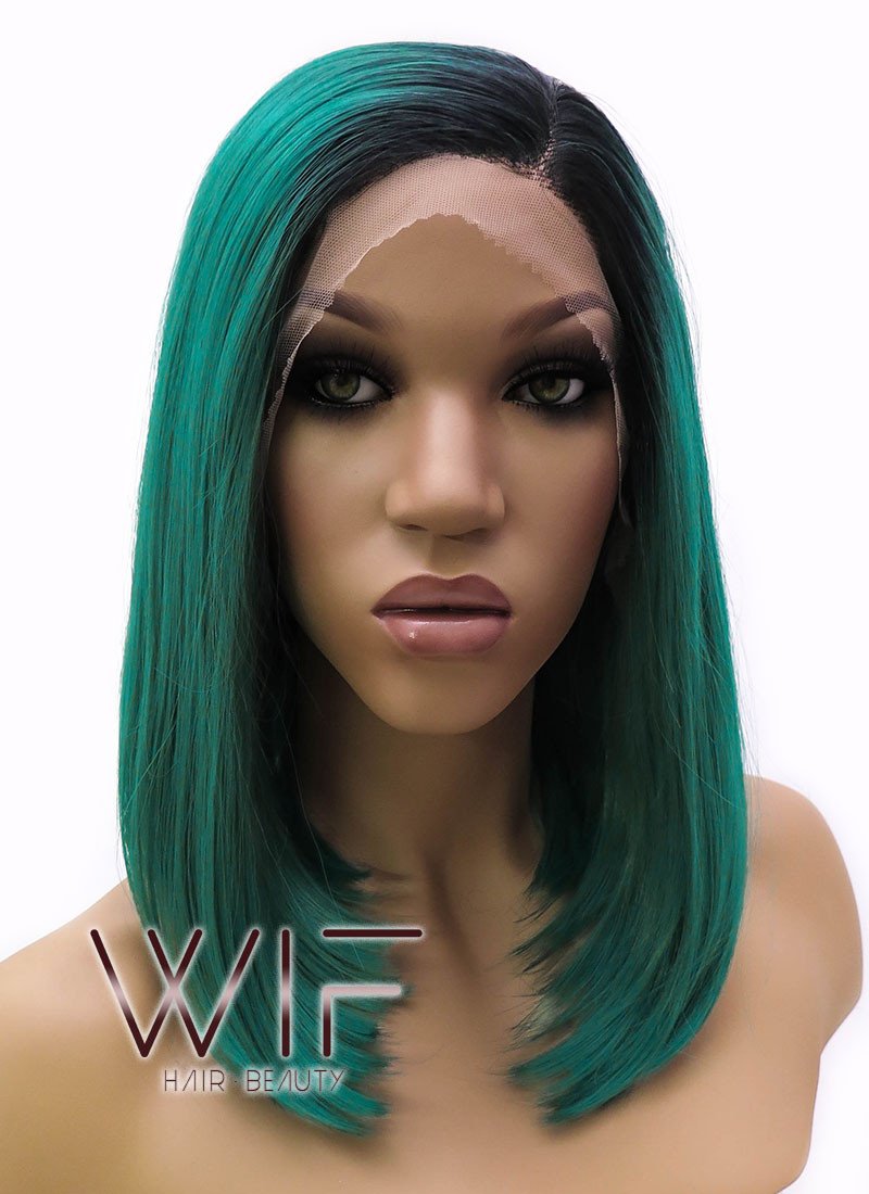14" Medium Straight Black Mixed Dark Green Lace Front Synthetic Hair Wig LFB819
