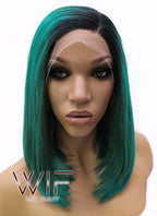 14" Medium Straight Black Mixed Dark Green Lace Front Synthetic Hair Wig LFB819