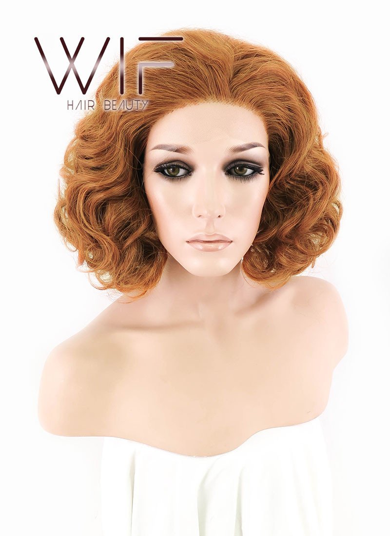 10" Short Curly Orangish Light Brown Lace Front Kanekalon Hair Wig LFK831