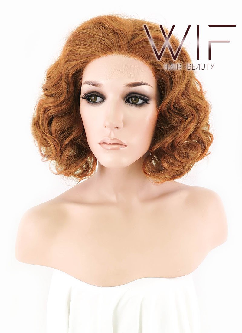 10" Short Curly Orangish Light Brown Lace Front Kanekalon Hair Wig LFK831