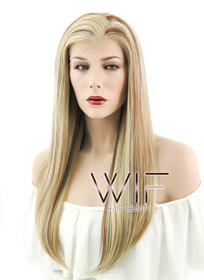 24" Long Straight 2 Tone Blonde Lace Front Synthetic Hair Wig LF018
